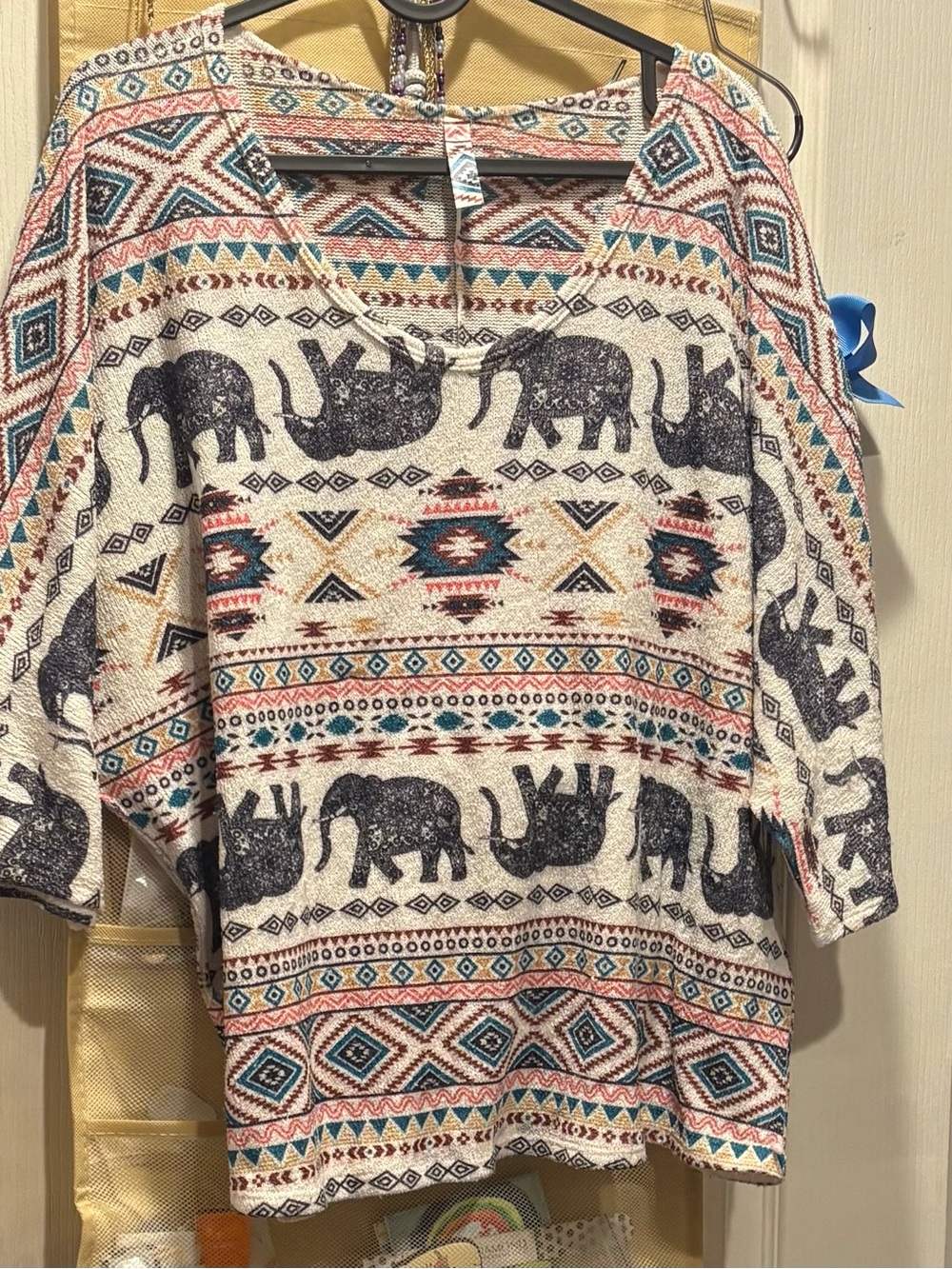 Elephant Print Patterned Women’s Top - Cream Teal Rust